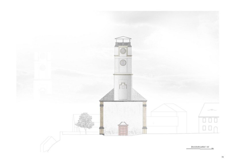 Jiří Lukáš, Centrum Jablonného v Podještědí, věž kostela, pohled JV – foto