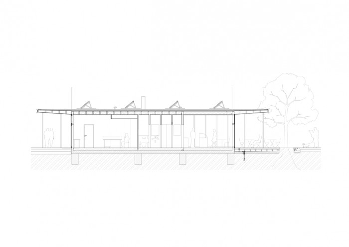Revitalizace parku a náměstí Krakov v Bohnicích, řez altánem, Rusina Frei architekti