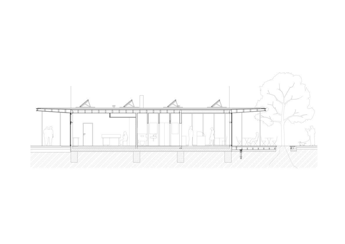 Revitalizace parku a náměstí Krakov v Bohnicích, řez altánem, Rusina Frei architekti
