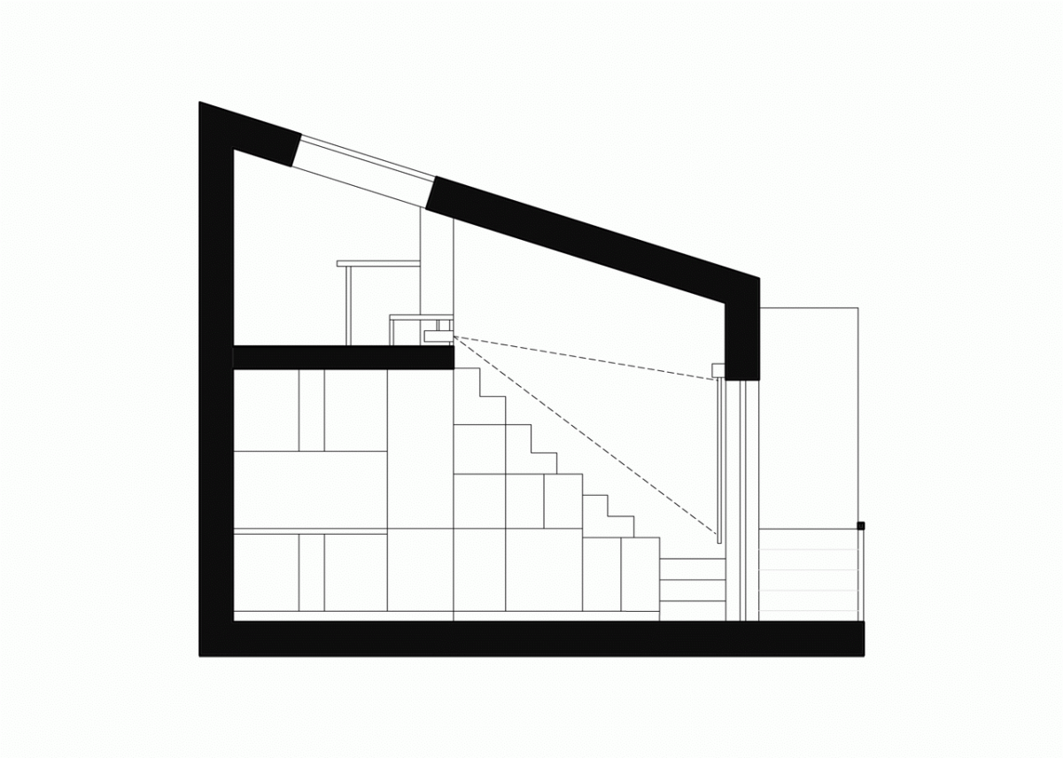 Mooza architecture, Interiér mezonetového bytu v Holešovicích, řez- foto
