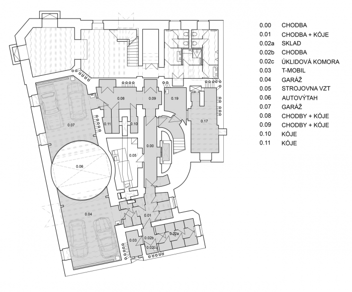 Uhlík architekti, Činžovní dům Letná, půdorys 1. PP – foto