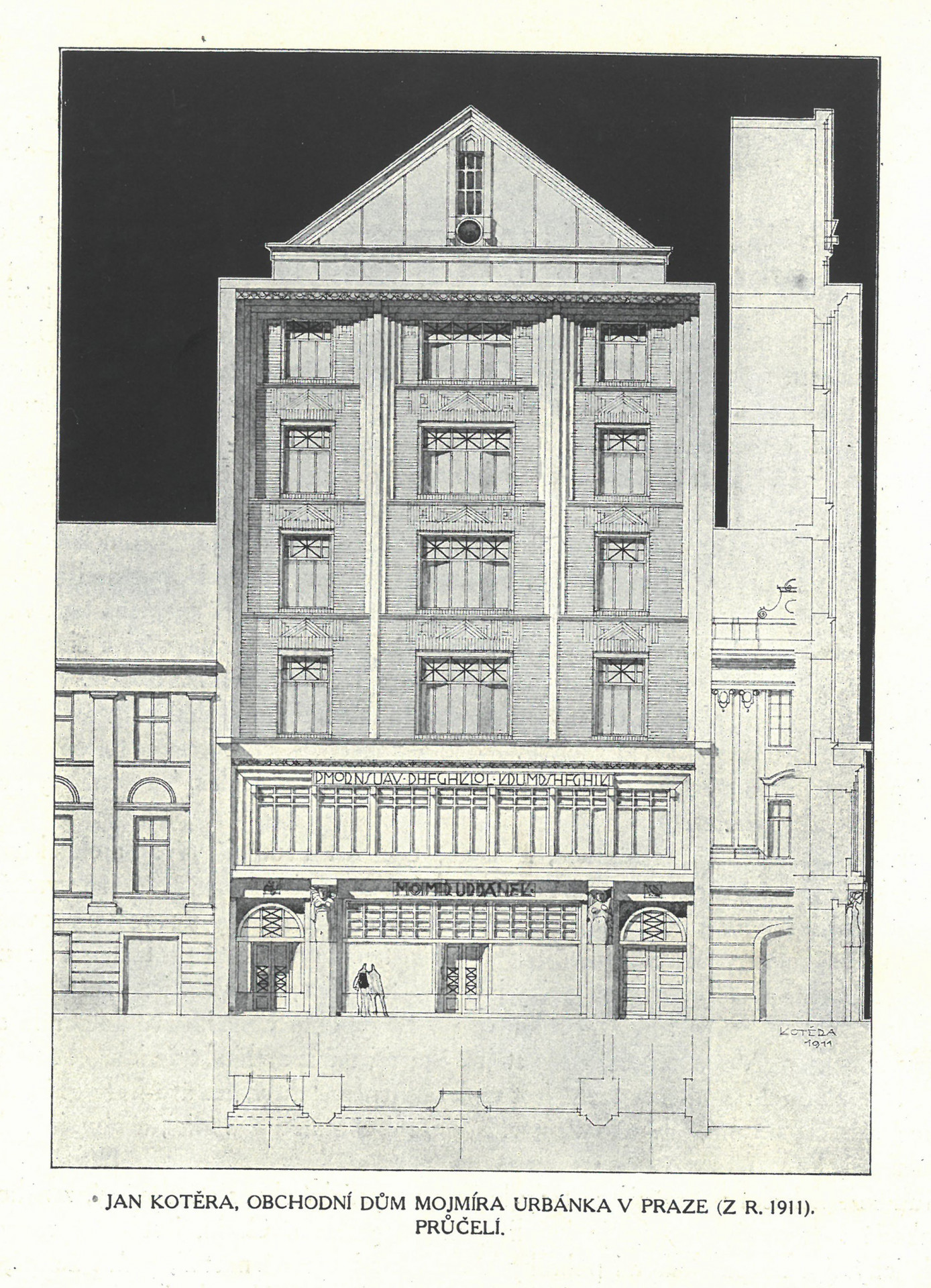 Jan Kotěra, projekt domu Mojmíra Urbánka v Jungmannově ulici v Praze, nedat., asi 1911 (dobový tisk, Styl, 1911‒1912, s. 2)