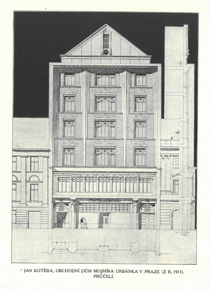 Jan Kotěra, projekt domu Mojmíra Urbánka v Jungmannově ulici v Praze, nedat., asi 1911 (dobový tisk, Styl, 1911‒1912, s. 2)