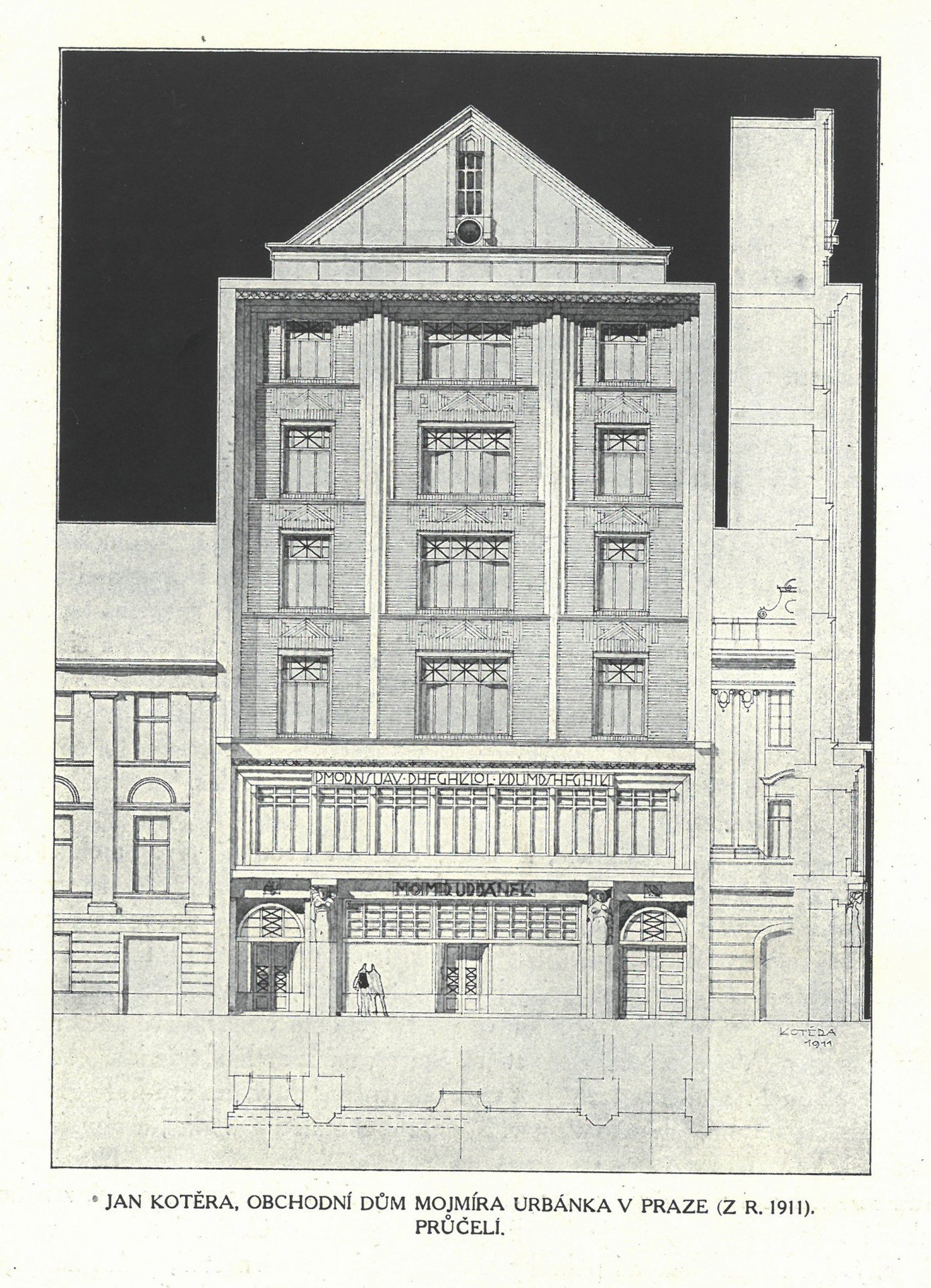 Jan Kotěra, projekt domu Mojmíra Urbánka v Jungmannově ulici v Praze, nedat., asi 1911 (dobový tisk, Styl, 1911‒1912, s. 2)