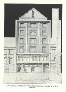 Jan Kotěra, projekt domu Mojmíra Urbánka v Jungmannově ulici v Praze, nedat., asi 1911 (dobový tisk, Styl, 1911‒1912, s. 2)