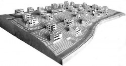 urbanistický model osady Baba se šachovnicovým rozvržením domů pro lepší oslunění a výhled