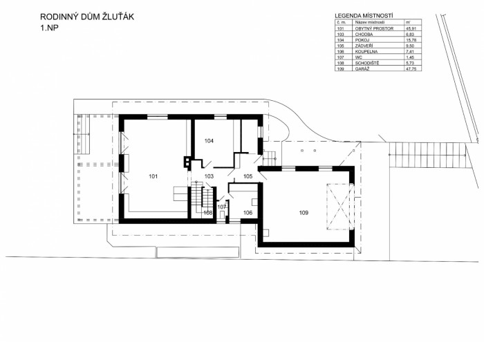 Rodinný dům „ŽLUŤÁK“, OK PLAN ARCHITECTS, půdorys 1NP