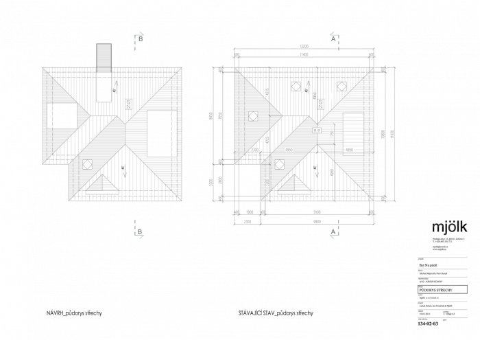 Mjölk architekti, Byt Na půdě, půdorys střechy, návrh a stávající stav – foto