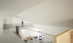 Připravovaný koncertní síň v Ostravě podle návrhu amerického studia Steven Holl Architects + Architecture Acts z Prahy, chodba u nového sálu 2. podlaží.