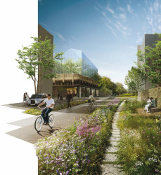 Budoucnost centra Brna, 1. místo: UNIT architekti (CZ), meziříční spojení Svratky a Svitavy, zelená osa podél stávající trati // finalista – foto