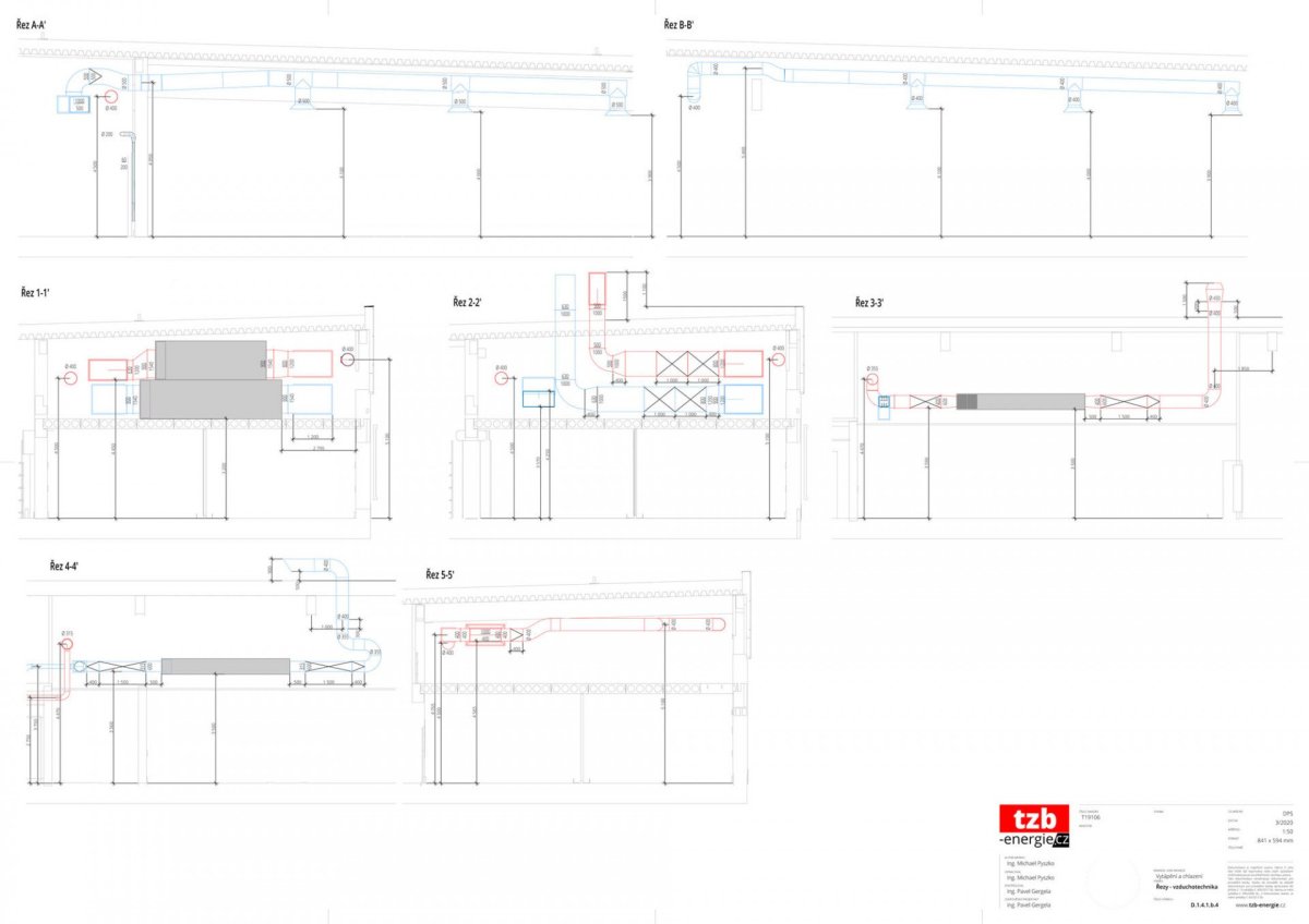 Koordinační řezy s umístěním vzduchotechnických jednotek a potrubí v podstřešním prostoru vymodelovaný v TZB modeláři a ArchiCADu.