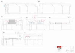 Koordinační řezy s umístěním vzduchotechnických jednotek a potrubí v podstřešním prostoru vymodelovaný v TZB modeláři a ArchiCADu.