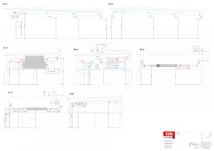 Koordinační řezy s umístěním vzduchotechnických jednotek a potrubí v podstřešním prostoru vymodelovaný v TZB modeláři a ArchiCADu.