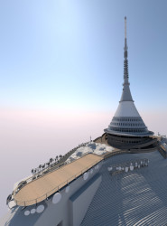 Vizualizace Ještědu s terasou na střeše lanovky