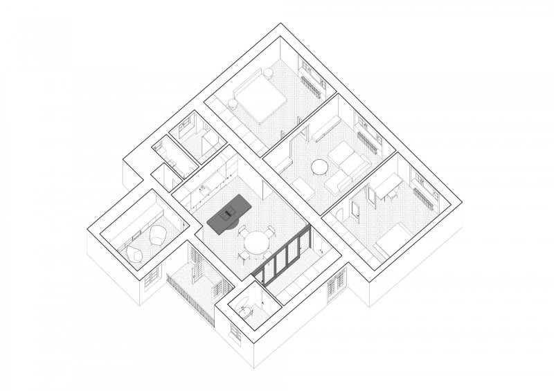 Interiér bytu HLB, Kuklica Smerek architekti / Peter Kuklica, Martin Smerek, Juraj Hubinský, axonometrie