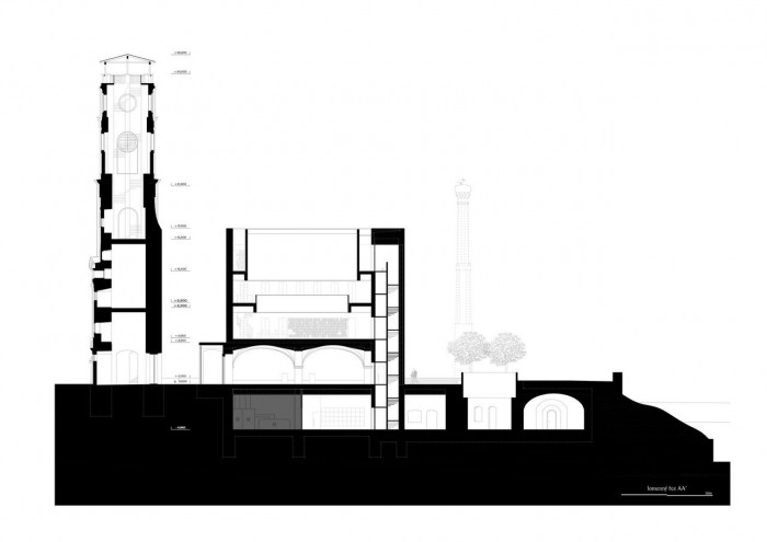 Jiří Lukáš, Centrum Jablonného v Podještědí, kostel/knihovna, řez A-A' – foto