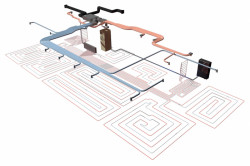 Návrh větrání s rekuperací systémem flexibilního paprskovitého rozvodu v podhledu a podlahové vytápění s tepelným čerpadlem vzduch/voda v zobrazení skrytých stavebních konstrukcí.