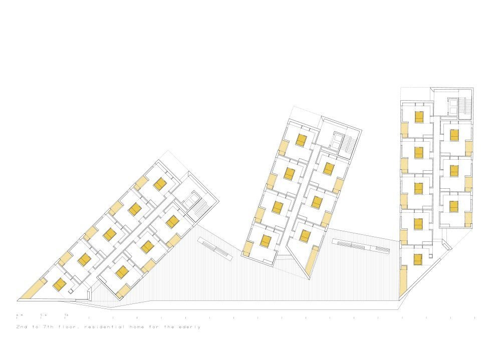 Esteve Bonell, Josep Maria Gil, peris+toral.arquitectes, kolektivní bydlení pro seniory a zdravotní středisko v Barceloně, půdorys bytů, výkres