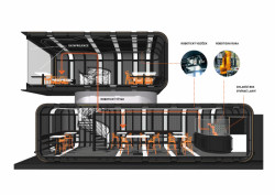Robotická vinárna Cyberdog, 3D řez modelu v programu ArchiCAD, Black n' Arch (David Černý a Tomáš Císař).