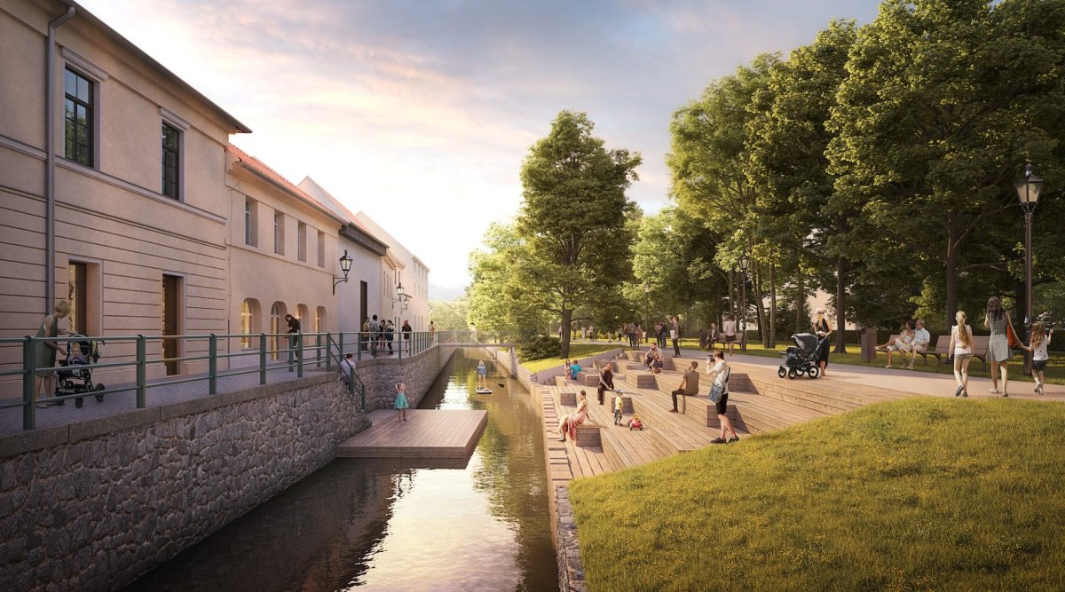 Stuio A8000 vypracovalo pro České Budějovice studii Město a voda 2020, vize proměny břehů kanálu Mlýnská stoka.