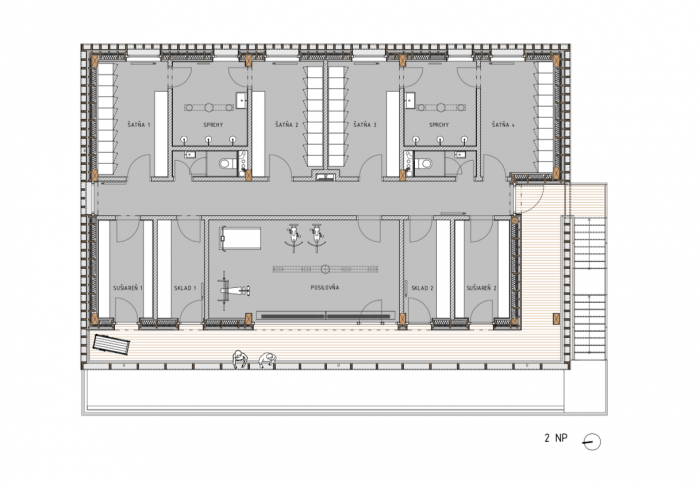 Loděnice Karloveské rameno v Bratislavě, OFFICE110 architekti, půdorys 2 NP