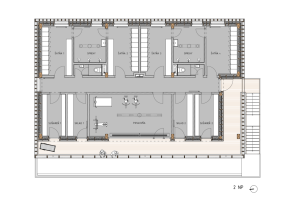 Loděnice Karloveské rameno v Bratislavě, OFFICE110 architekti, půdorys 2 NP