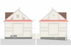 Rekonstrukce fasád Městského úřadu Odolena Voda, jižní a severní pohled, Grulich architekti