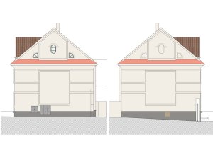 Rekonstrukce fasád Městského úřadu Odolena Voda, jižní a severní pohled, Grulich architekti