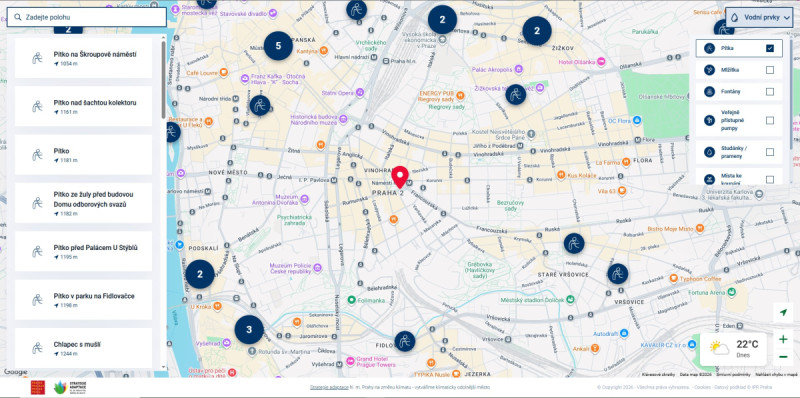 Mapa oáz chladu v Praze
