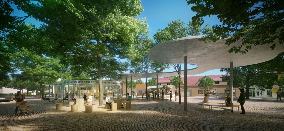 Autobusový terminál ve Vodňanech, 1. cena v architektonické soutěži, Projektil architekti. Vizualizace: Jiří Drška