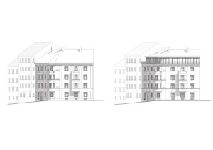 Pohled z ulice (Nástavba Harfa; matěj šebek architekti)