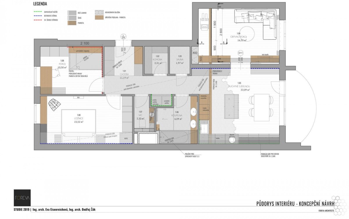 Byt s hexagonální dlažbou, FOREVA architects - půdorys
