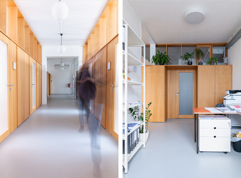 Architekti navrhli novou podobu společných prostor i jednotlivých kancelářských buněk. (Rekonstrukce kanceláří VHOS a.s. v Moravské Třebové; tomato studio)