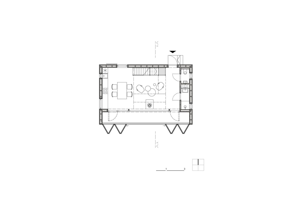 Půdorys 1. NP (Chata u Sázavy mezi skálou a řekou; Mimosa Architekti)