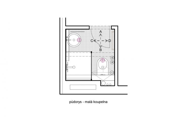 Formafatal, A&G byt Vinohrady, šedozelená koupelna, půdorys – foto
