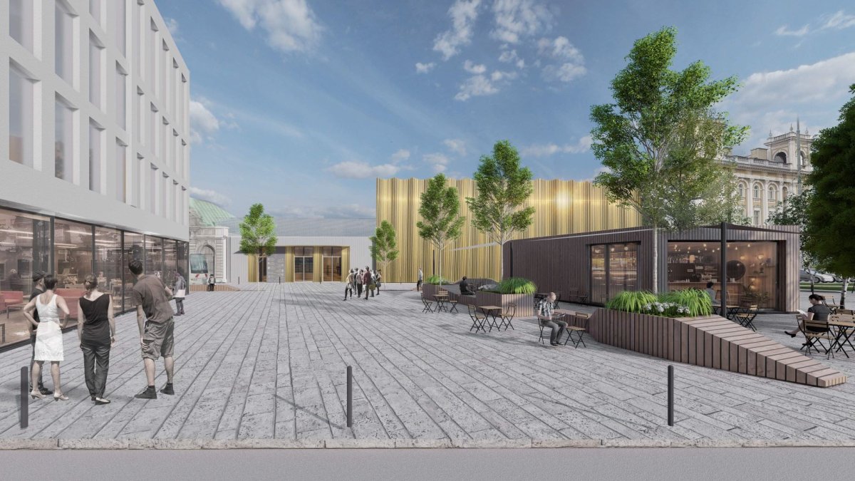Vizualizace - pohled na veřejný prostor (Nová podoba kulturního domu Peklo od týmu architektů Jiřího Zábrana, Jakuba Sýkory a Kateřiny Svobodové)