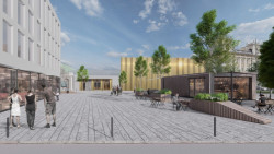 Vizualizace - pohled na veřejný prostor (Nová podoba kulturního domu Peklo od týmu architektů Jiřího Zábrana, Jakuba Sýkory a Kateřiny Svobodové)