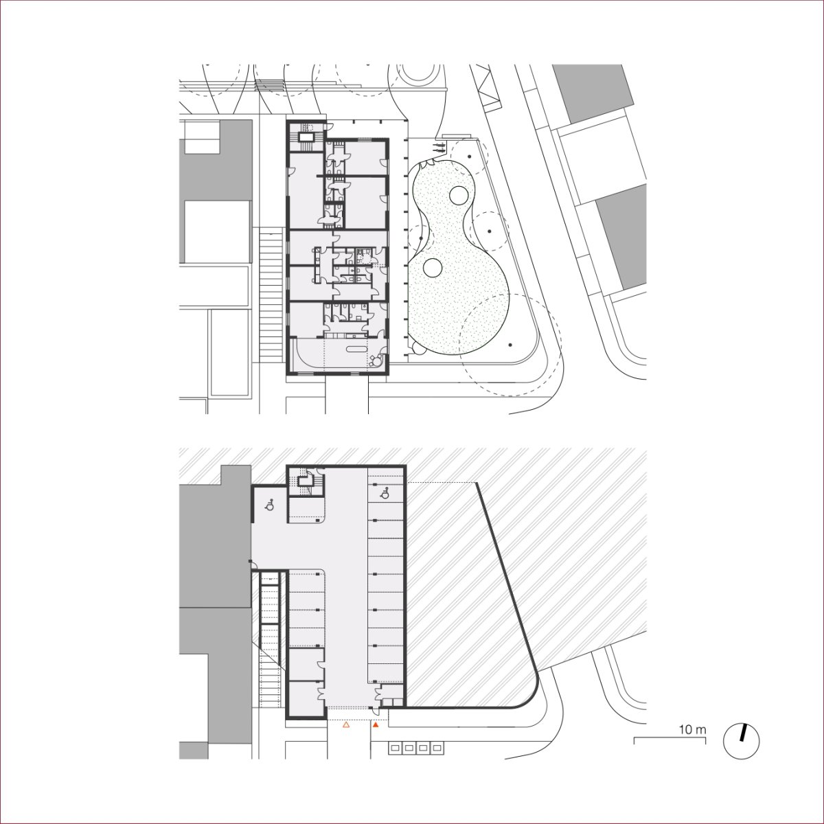 Komunitní centrum - půdorys 1. PP a 1. NP (Obytný soubor Dolina v Lysolajích, knesl kynčl architekti)