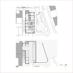 Komunitní centrum - půdorys 1. PP a 1. NP (Obytný soubor Dolina v Lysolajích, knesl kynčl architekti)