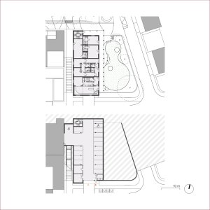 Komunitní centrum - půdorys 1. PP a 1. NP (Obytný soubor Dolina v Lysolajích, knesl kynčl architekti)