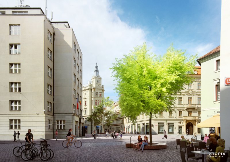 Náměstí Franze Kafky v centru Prahy - navrhovaná proměna od studia XTOPIX. Zdroj: XTOPIX
