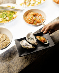 Jeho součástí jsou nerezové nádoby na led, kde naservírované předkrmy, saláty a sushi, zůstávají čerstvé a v chladu.