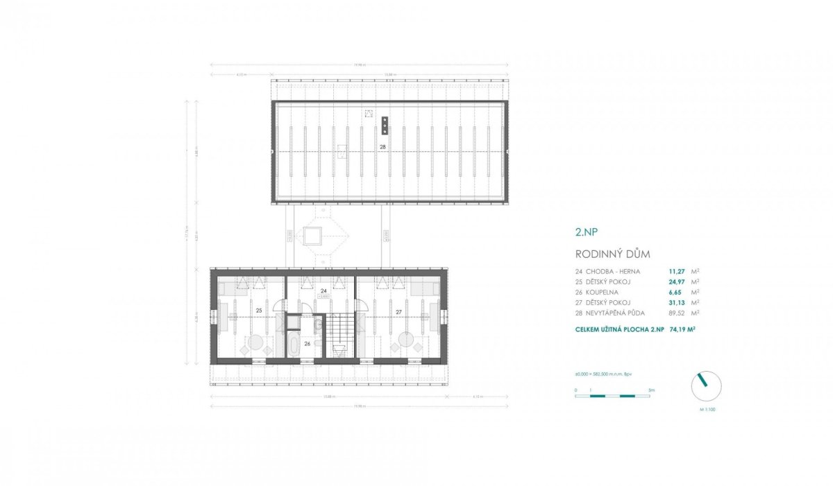 Usedlost na Vysočině, 3K Architects / Roman Kučírek, Jan Komárek, půdorys 2NP