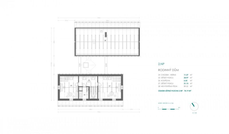 Usedlost na Vysočině, 3K Architects / Roman Kučírek, Jan Komárek, půdorys 2NP