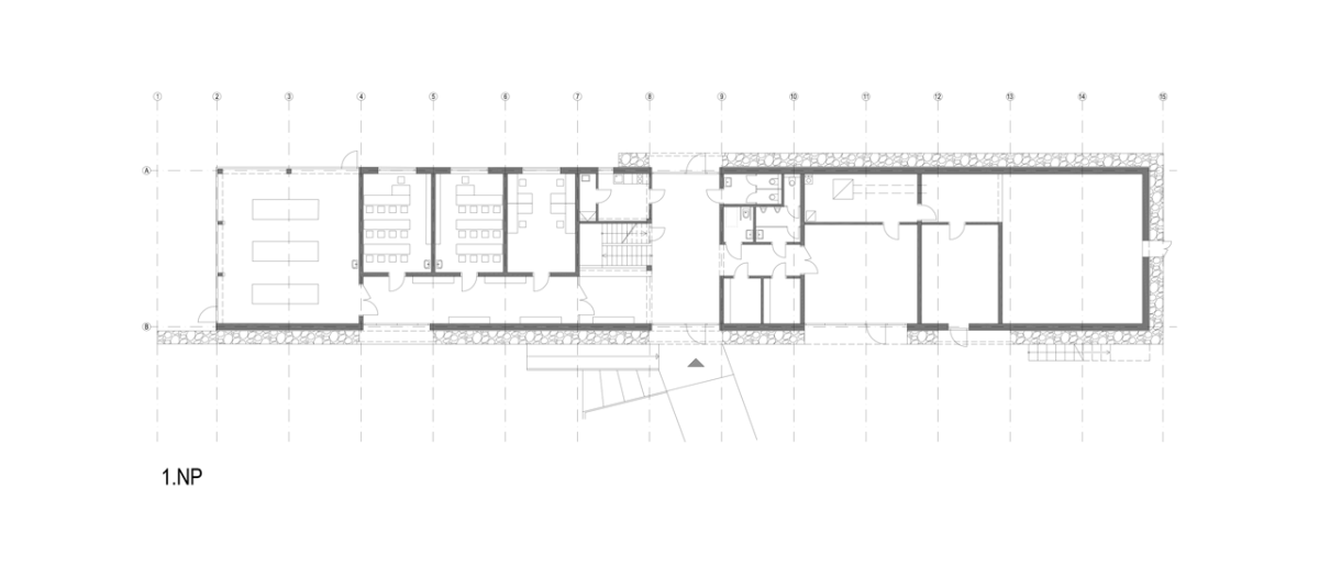 3+1 architekti, Revitalizace hospodářského dvora JACER, školicí středisko, půdorys 1. NP – foto