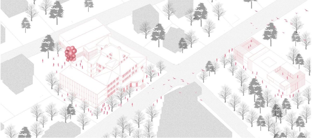 Celkový pohled na navrženou dostavbu stávající školy a nový pavilon s multifunkčním sálem, Petr Průša, Michaela Horáková, Sasha Derkach, Dmytro Matviishyn.