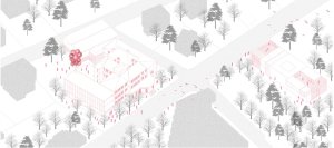 Celkový pohled na navrženou dostavbu stávající školy a nový pavilon s multifunkčním sálem, Petr Průša, Michaela Horáková, Sasha Derkach, Dmytro Matviishyn.
