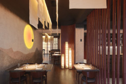 Interiér restaurace Yami jako interpretace japonského minimalismu. (Yami Sushi House; annaMAT)
