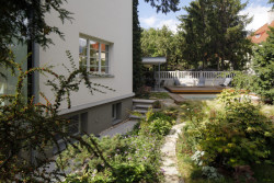 Zahrada je takřka zenová, je v ní mnoho druhů zeleně a nemá jen jednu úroveň, na jejím řešení spolupracovala architektka Anna Lochmanová. (Rekonstrukce prvorepublikové vily v Praze, Lenka Míková Architekti)