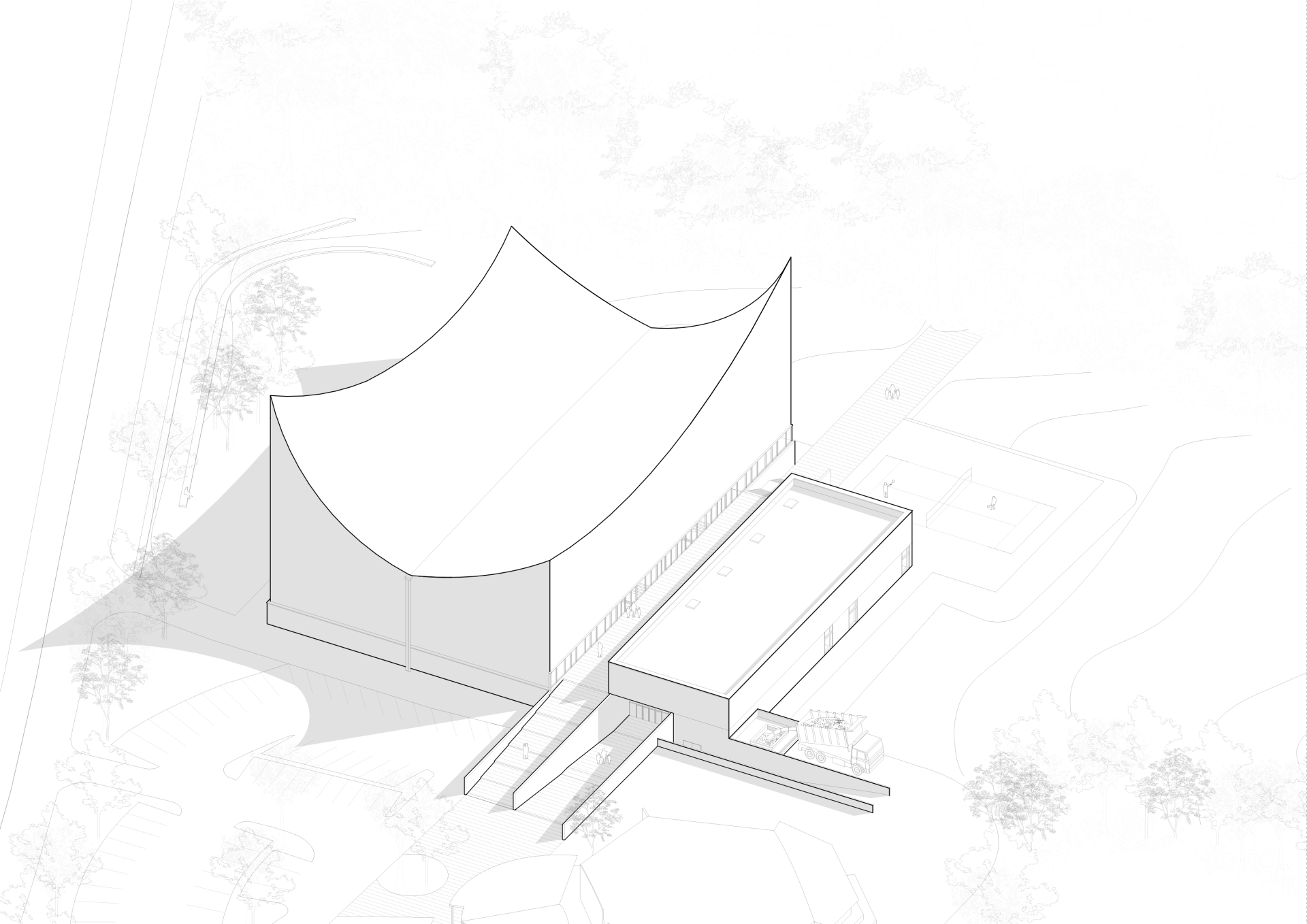 Axonometrie (Sportovní a kulturní centrum Marie-Jose Perec a Josephine Baker v La Bouëxière ve Francii; onze04)